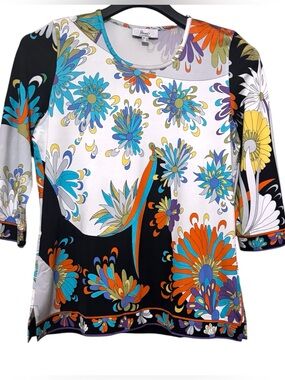 Averardo Bessi Lux Multicolored Psychedelic Chrysanthemums 3/4 Sleeve Blouse 10